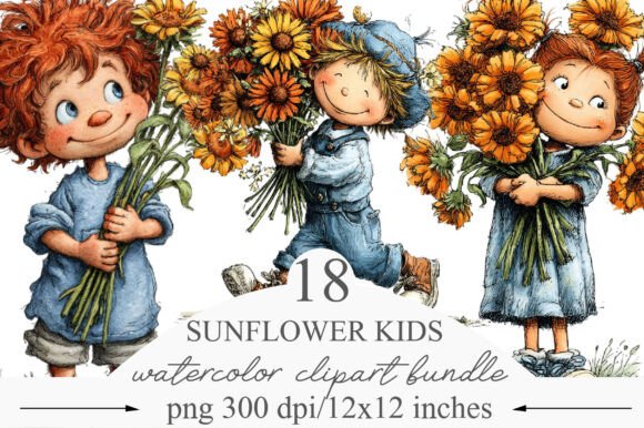 Sunflower Kids Whimsical Clipart: A Burst of Hand-Drawn Charm