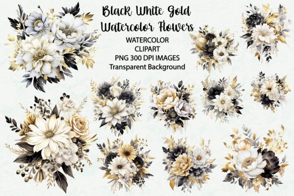 Unlocking Elegance: The Black White and Gold Flowers Watercolor Collection