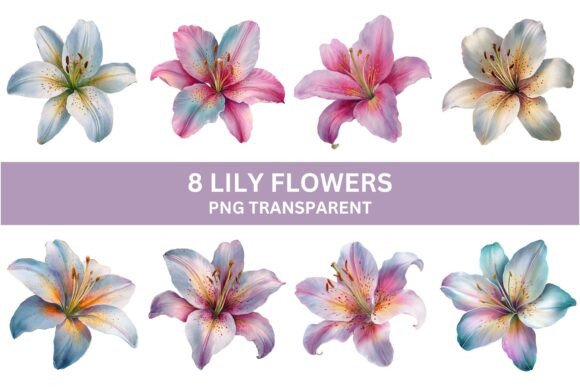 Watercolor Lily Flowers: 8 PNGs for Elegant Design