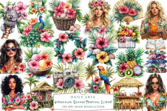 Watercolor Summer Tropical Clipart: Vibrant Elements for Your Projects